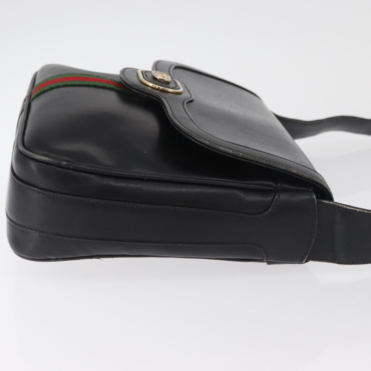 GUCCI Web Sherry Line Shoulder Bag Leather Black Gold Auth 182260