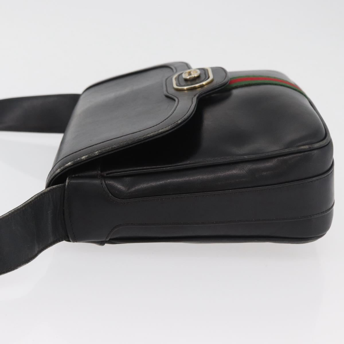 GUCCI Web Sherry Line Shoulder Bag Leather Black Gold Auth 182260