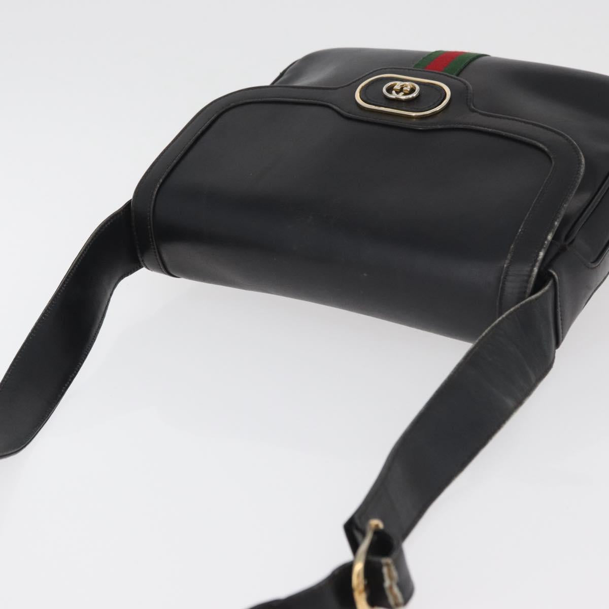 GUCCI Web Sherry Line Shoulder Bag Leather Black Gold Auth 182260