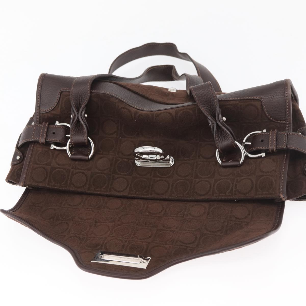 Salvatore Ferragamo Gancini Hand Bag Suede Brown Silver Auth 182264A