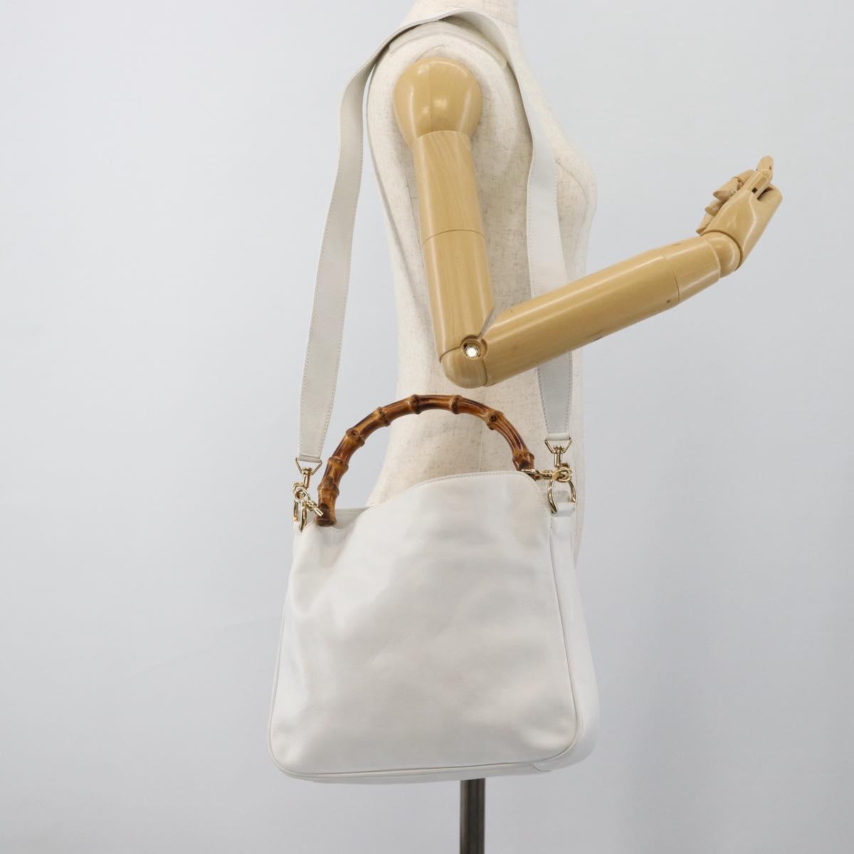 GUCCI Bamboo Shoulder Bag Leather 2way White Gold 001 2113 1638 Auth 182303