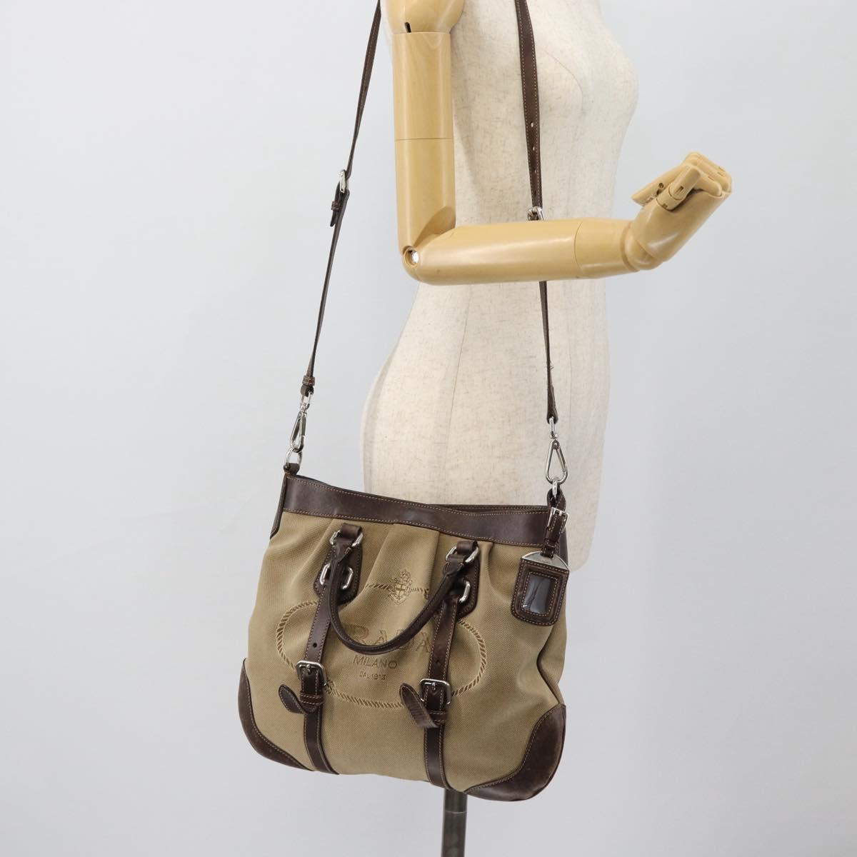 PRADA Hand Bag Canvas Leather 2way Beige Silver Auth 182357