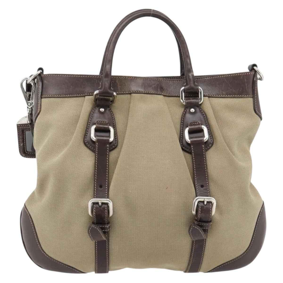 PRADA Hand Bag Canvas Leather 2way Beige Silver Auth 182357