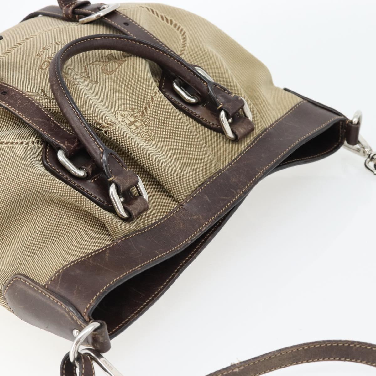 PRADA Hand Bag Canvas Leather 2way Beige Silver Auth 182357