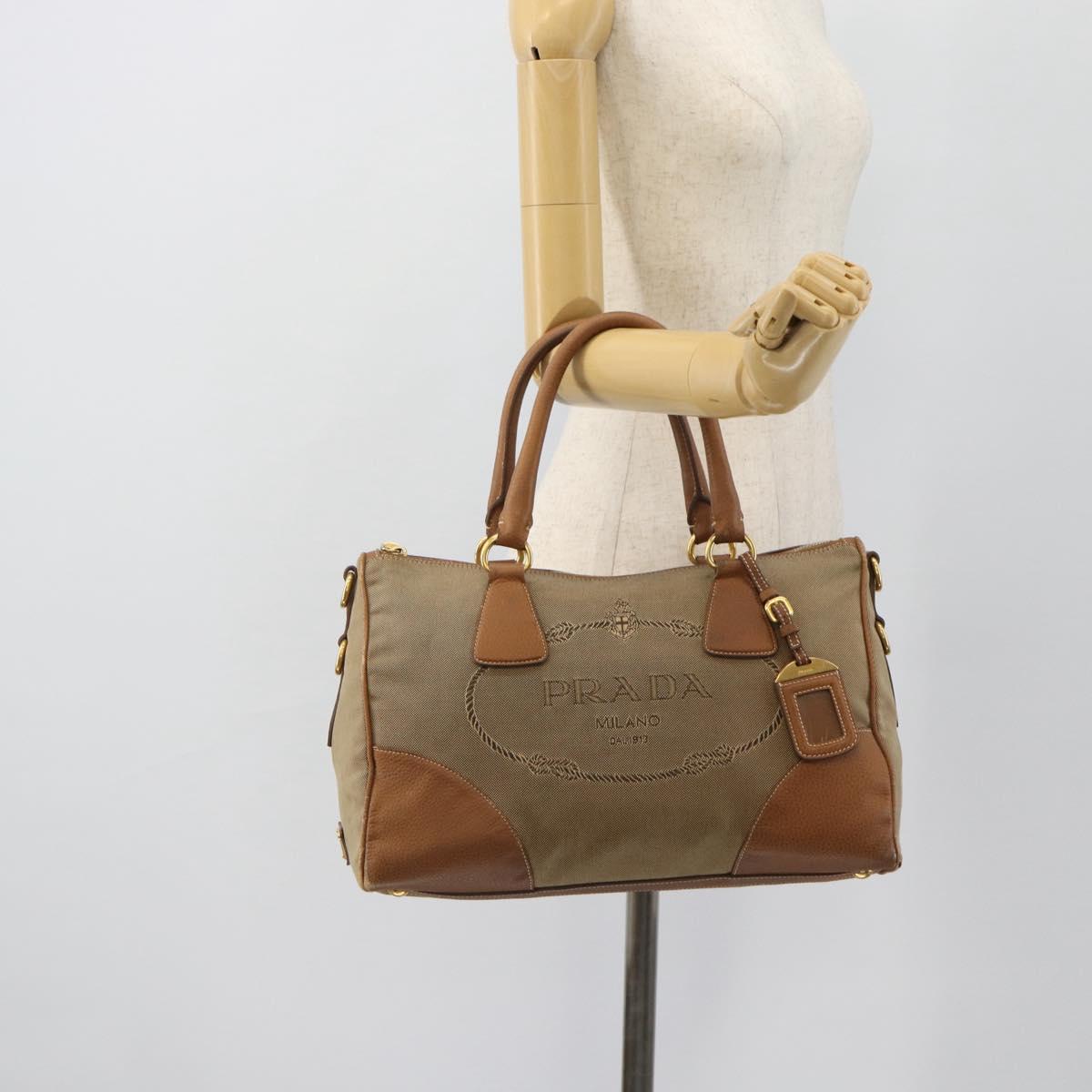 PRADA Hand Bag Canvas Leather Brown Gold Auth 182363