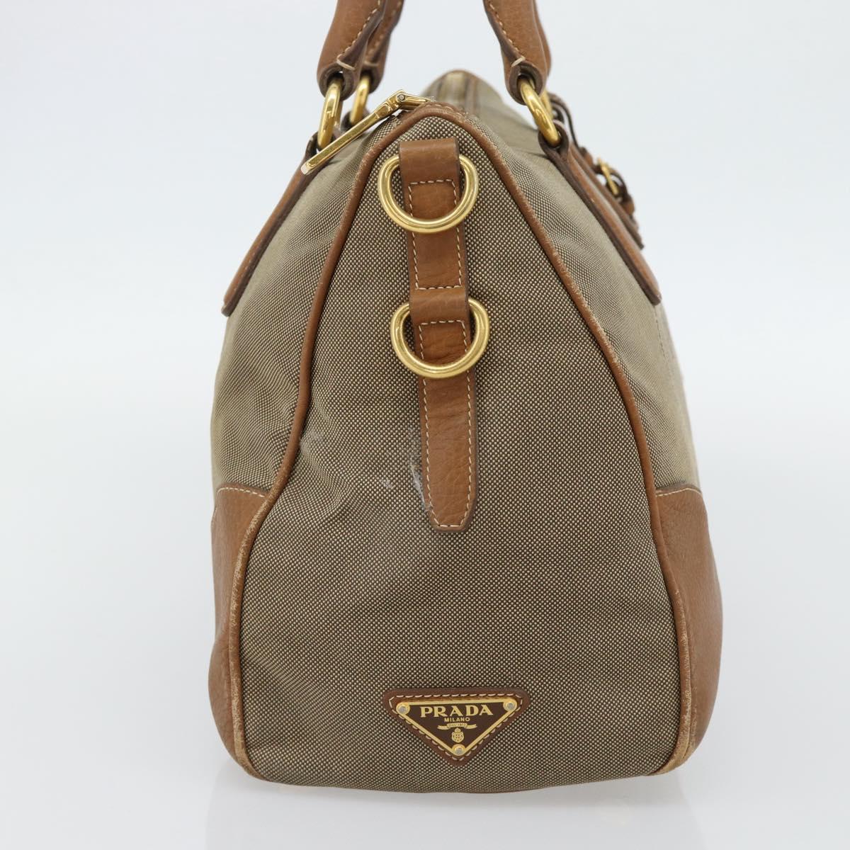 PRADA Hand Bag Canvas Leather Brown Gold Auth 182363