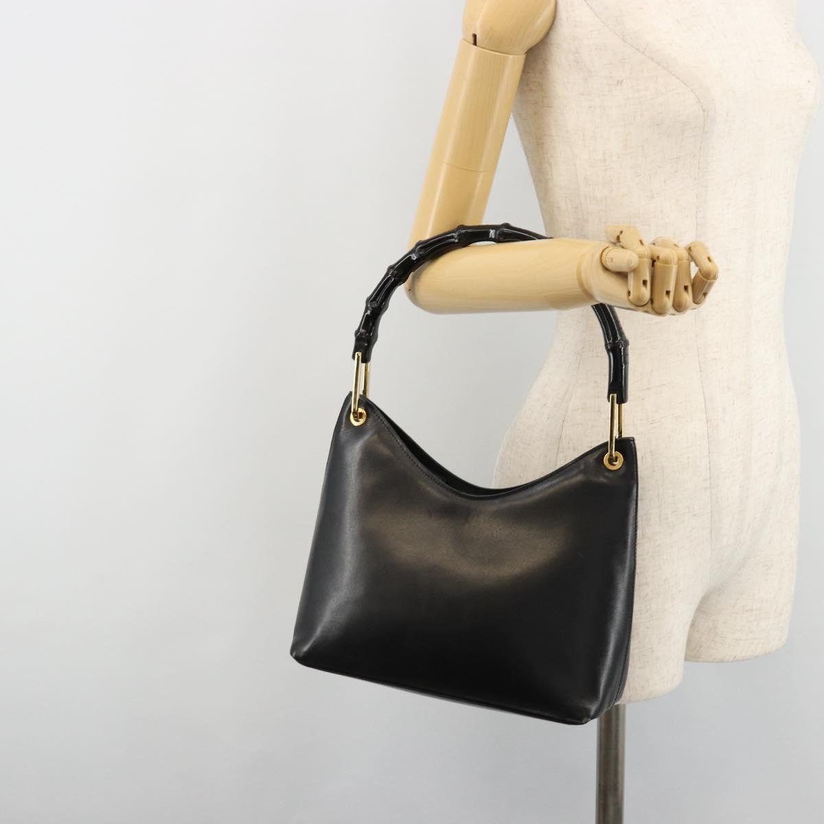 GUCCI Bamboo Shoulder Bag Leather Black Gold 001 3008 Auth 182382