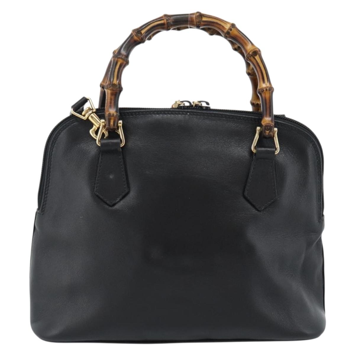 GUCCI Bamboo Hand Bag Leather 2way Black Gold 000 122 0290 Auth 182387