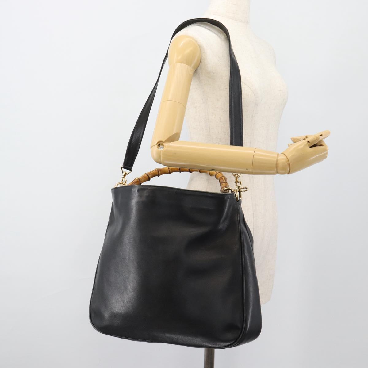 GUCCI Bamboo Hand Bag Leather 2way Black Gold 001 1577 1781 Auth 182389