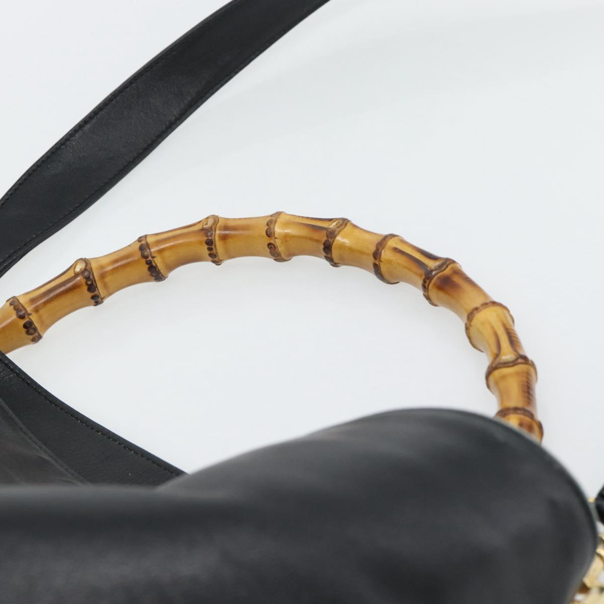 GUCCI Bamboo Hand Bag Leather 2way Black Gold 001 1577 1781 Auth 182389
