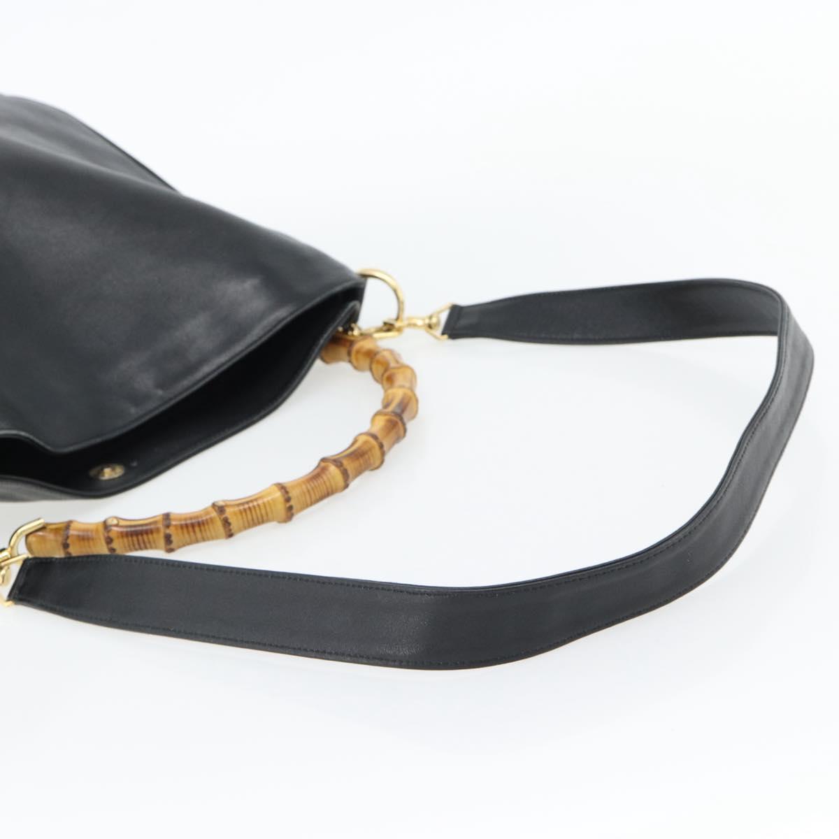GUCCI Bamboo Hand Bag Leather 2way Black Gold 001 1577 1781 Auth 182389