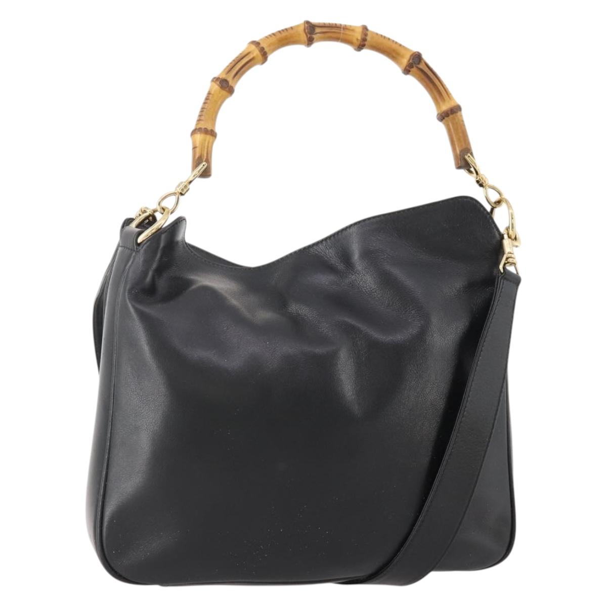 GUCCI Bamboo Hand Bag Leather 2way Black Gold 001 1705 1638 Auth 182390