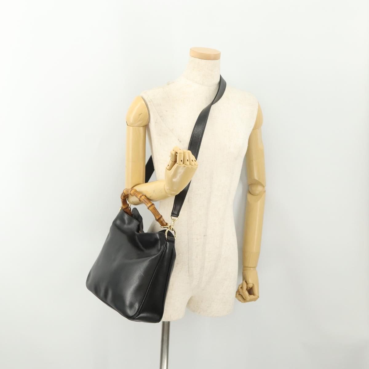 GUCCI Bamboo Hand Bag Leather 2way Black Gold 001 1705 1638 Auth 182390
