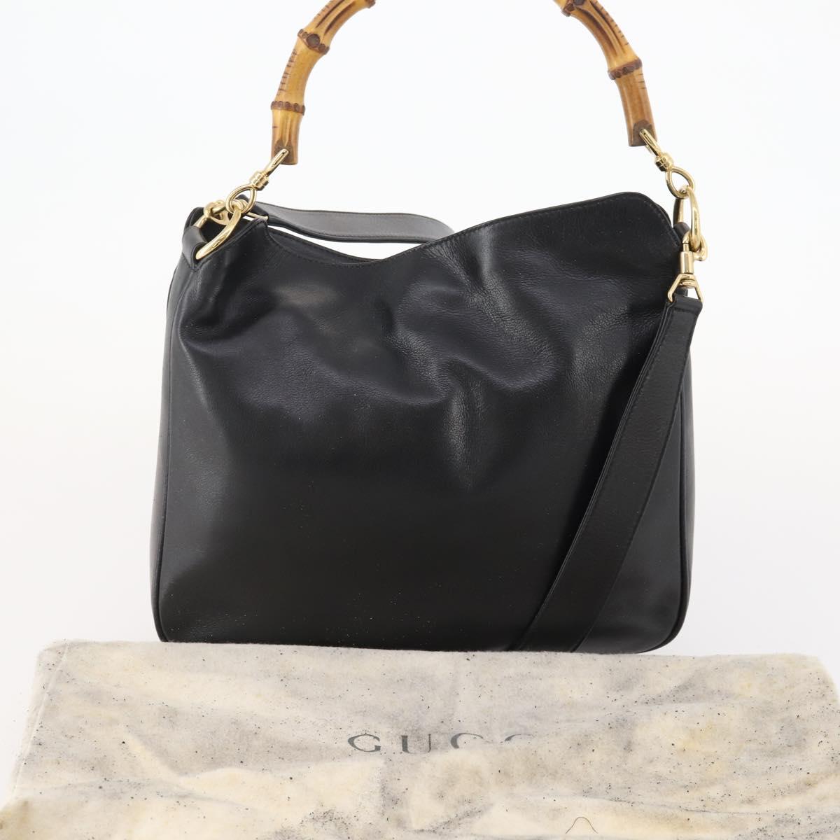 GUCCI Bamboo Hand Bag Leather 2way Black Gold 001 1705 1638 Auth 182390
