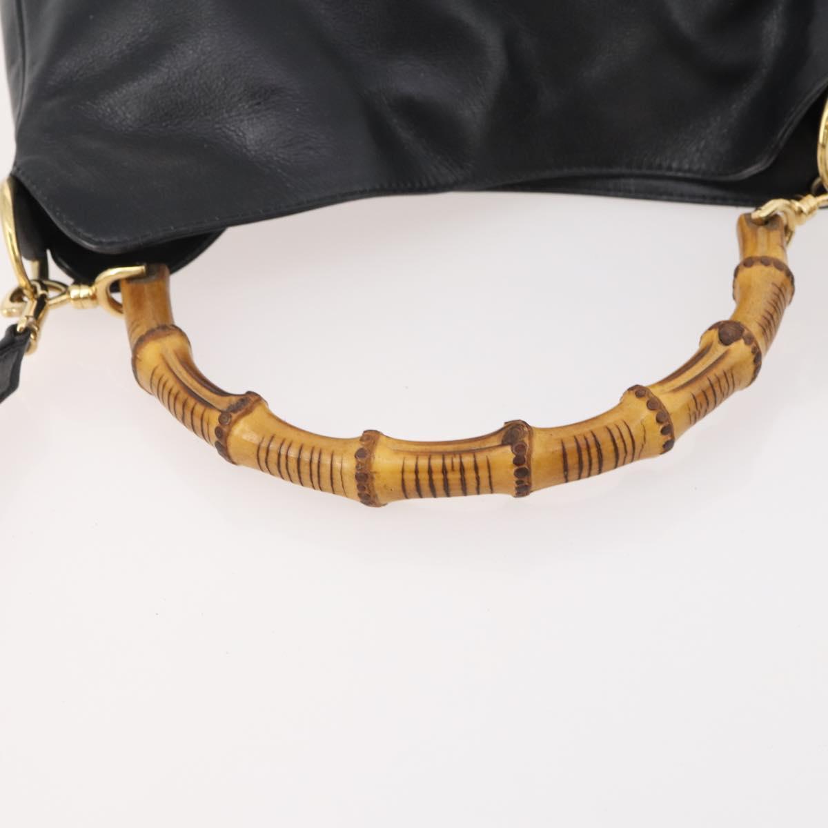 GUCCI Bamboo Hand Bag Leather 2way Black Gold 001 1705 1638 Auth 182390