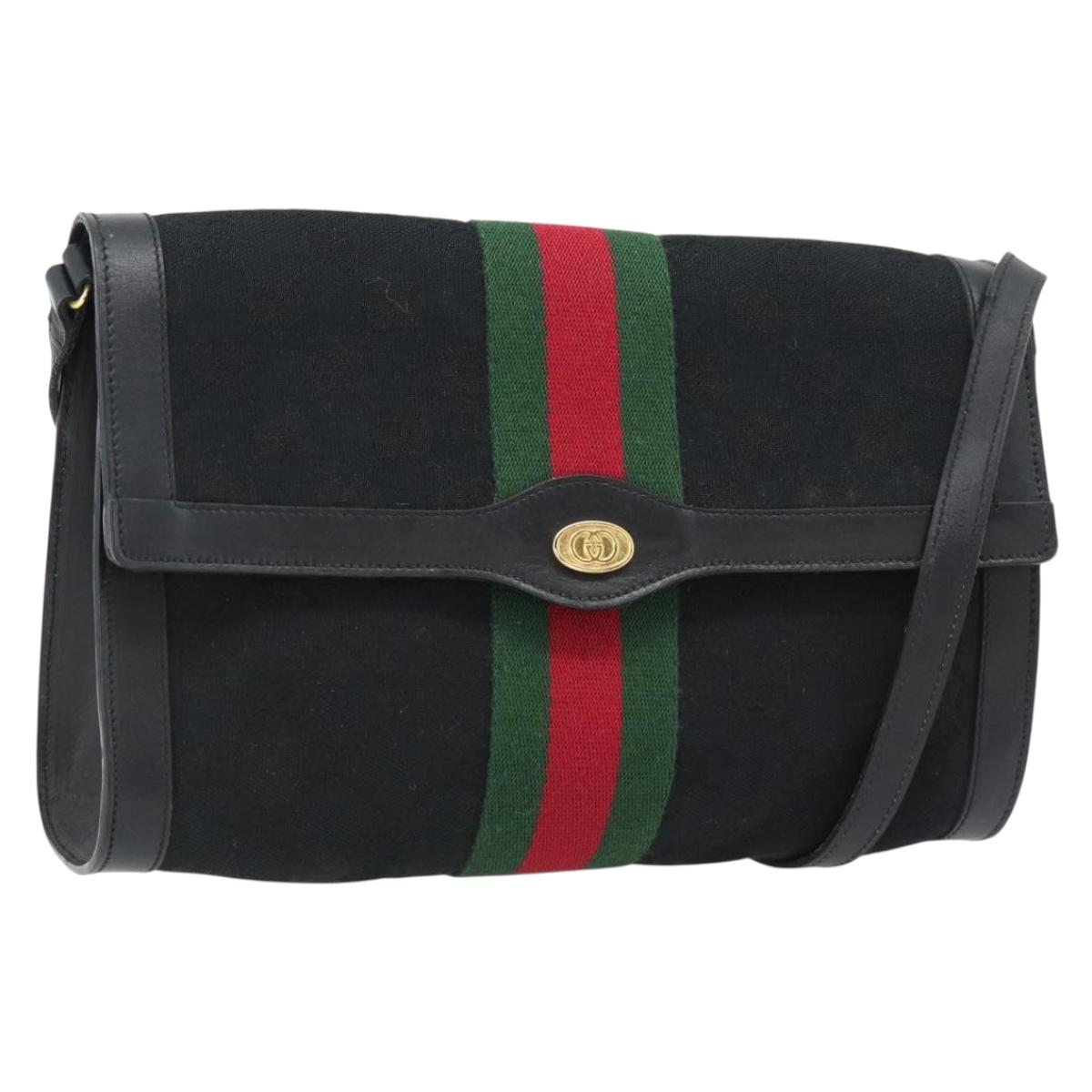 GUCCI GG Canvas Web Sherry Line Shoulder Bag Black Gold Red Auth 182398