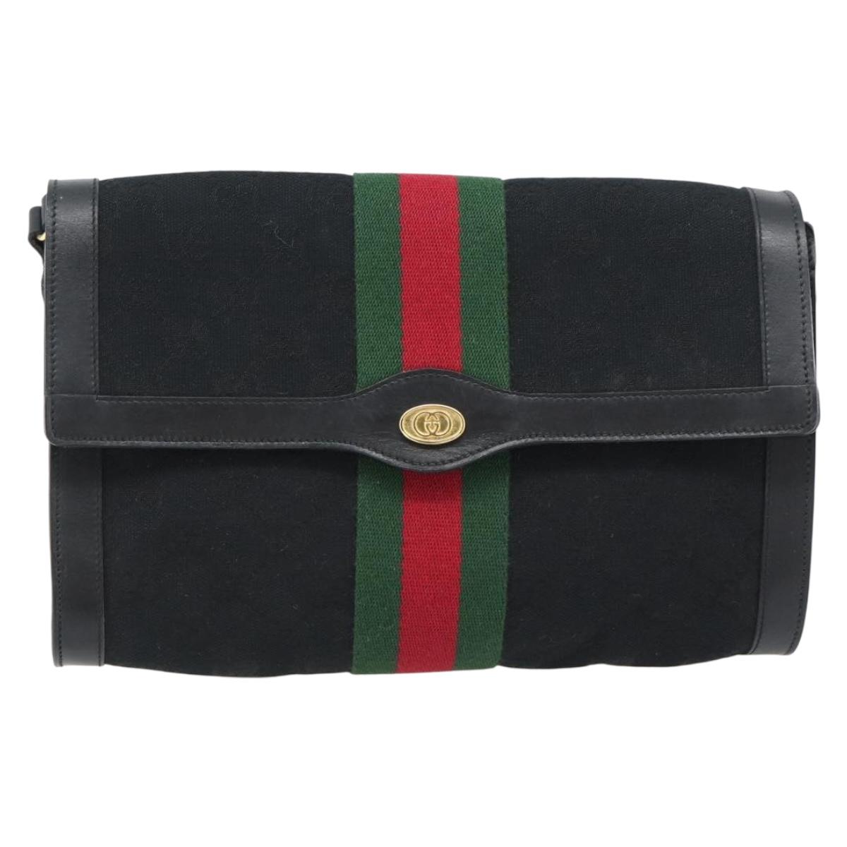 GUCCI GG Canvas Web Sherry Line Shoulder Bag Black Gold Red Auth 182398