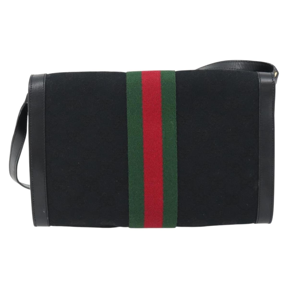 GUCCI GG Canvas Web Sherry Line Shoulder Bag Black Gold Red Auth 182398