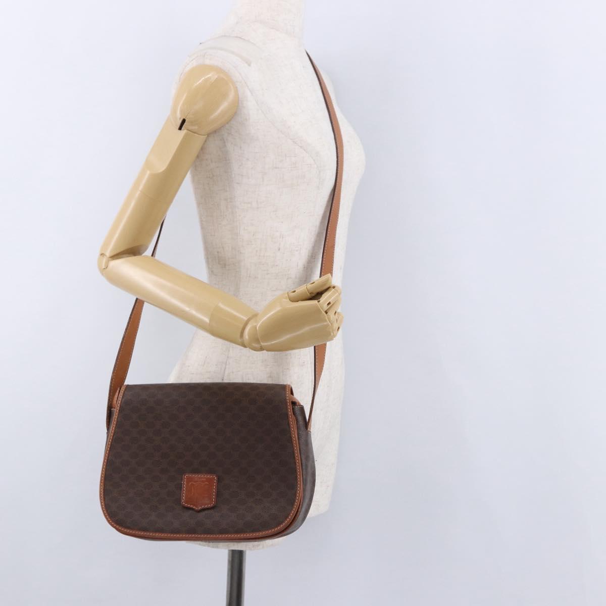 CELINE Macadam Canvas Shoulder Bag PVC Leather Brown Gold Auth 182419