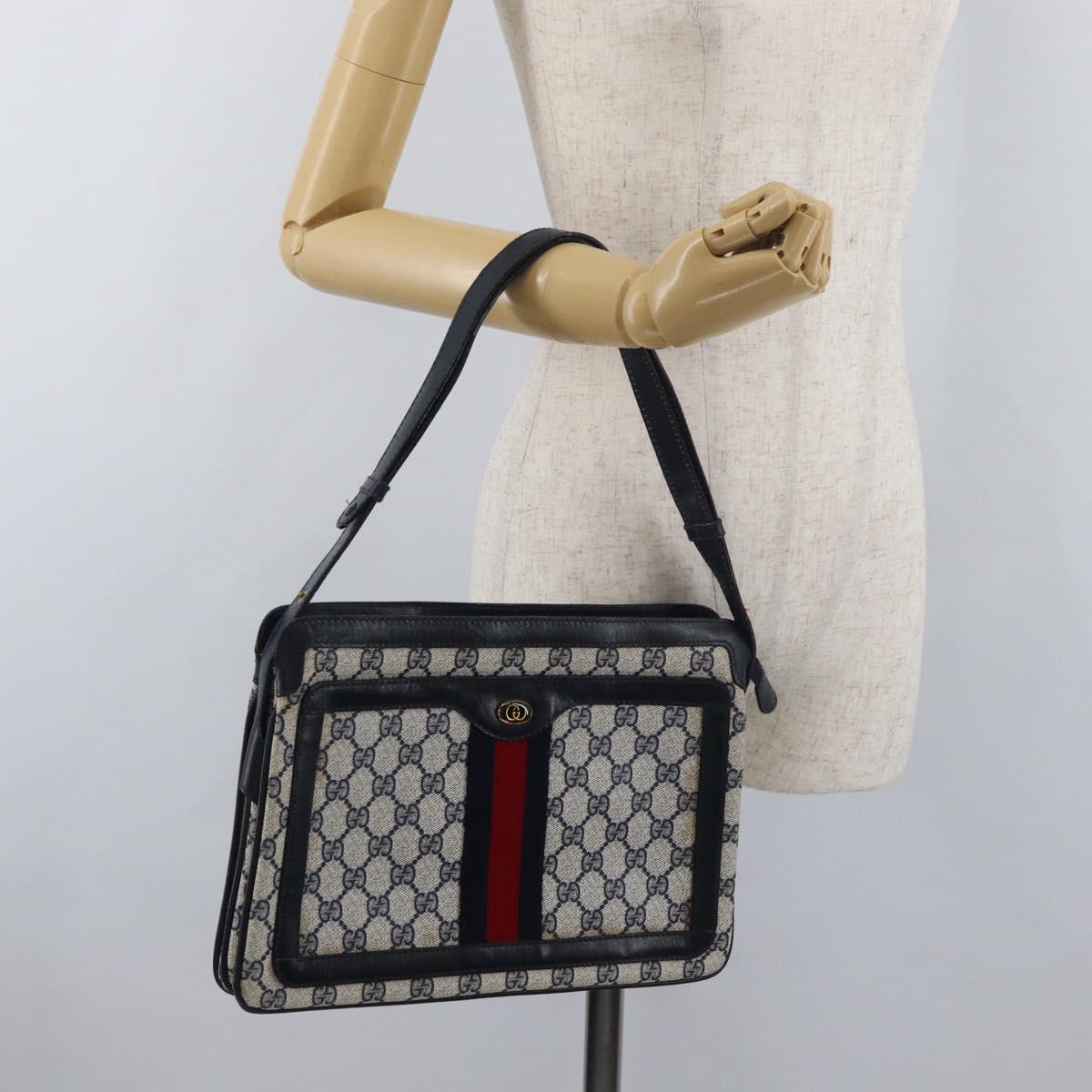 GUCCI GG Supreme Sherry Line Shoulder Bag PVC Navy Gold 010 378 Auth 182442