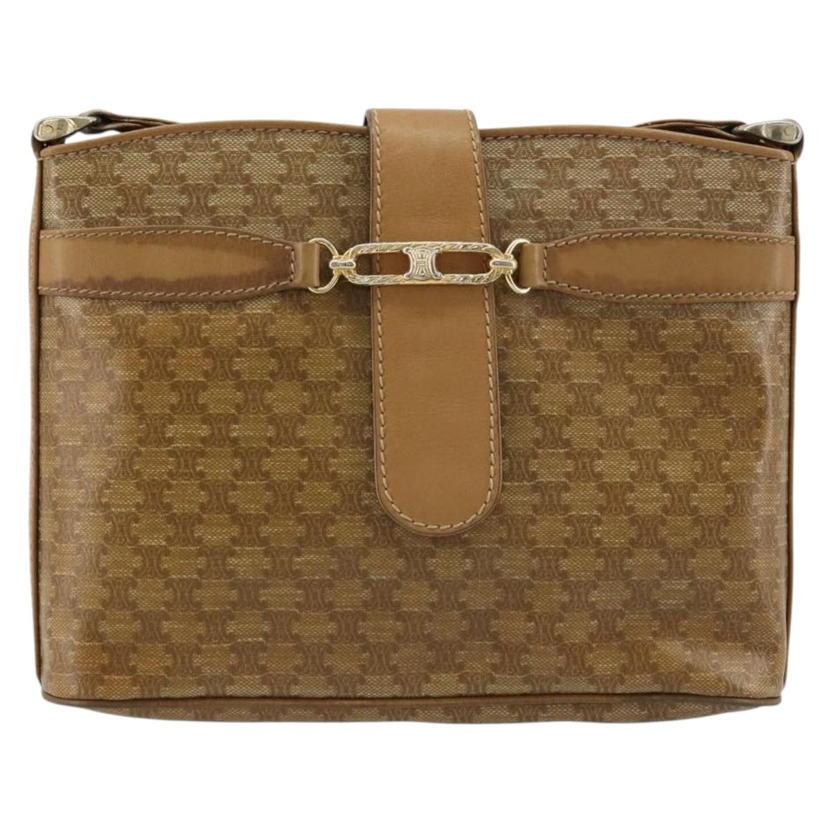 CELINE Macadam Canvas Shoulder Bag PVC Leather Beige Gold Auth 182451