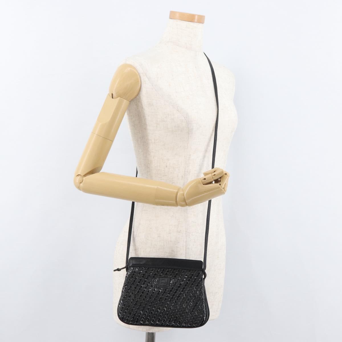 FENDI Shoulder Bag Leather Black Gold Auth 182453