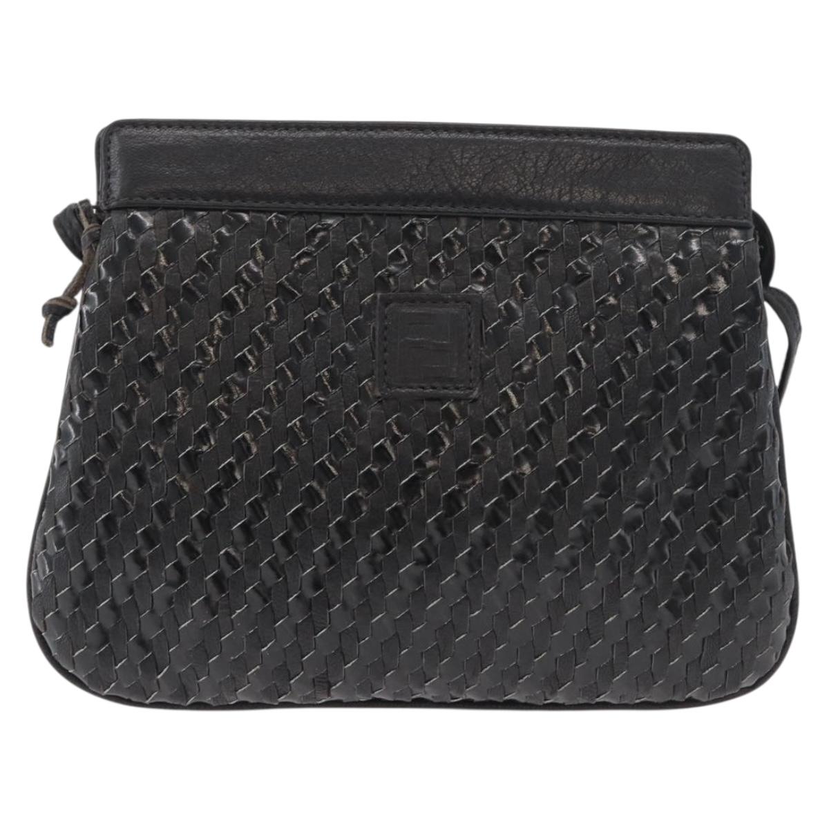 FENDI Shoulder Bag Leather Black Gold Auth 182453