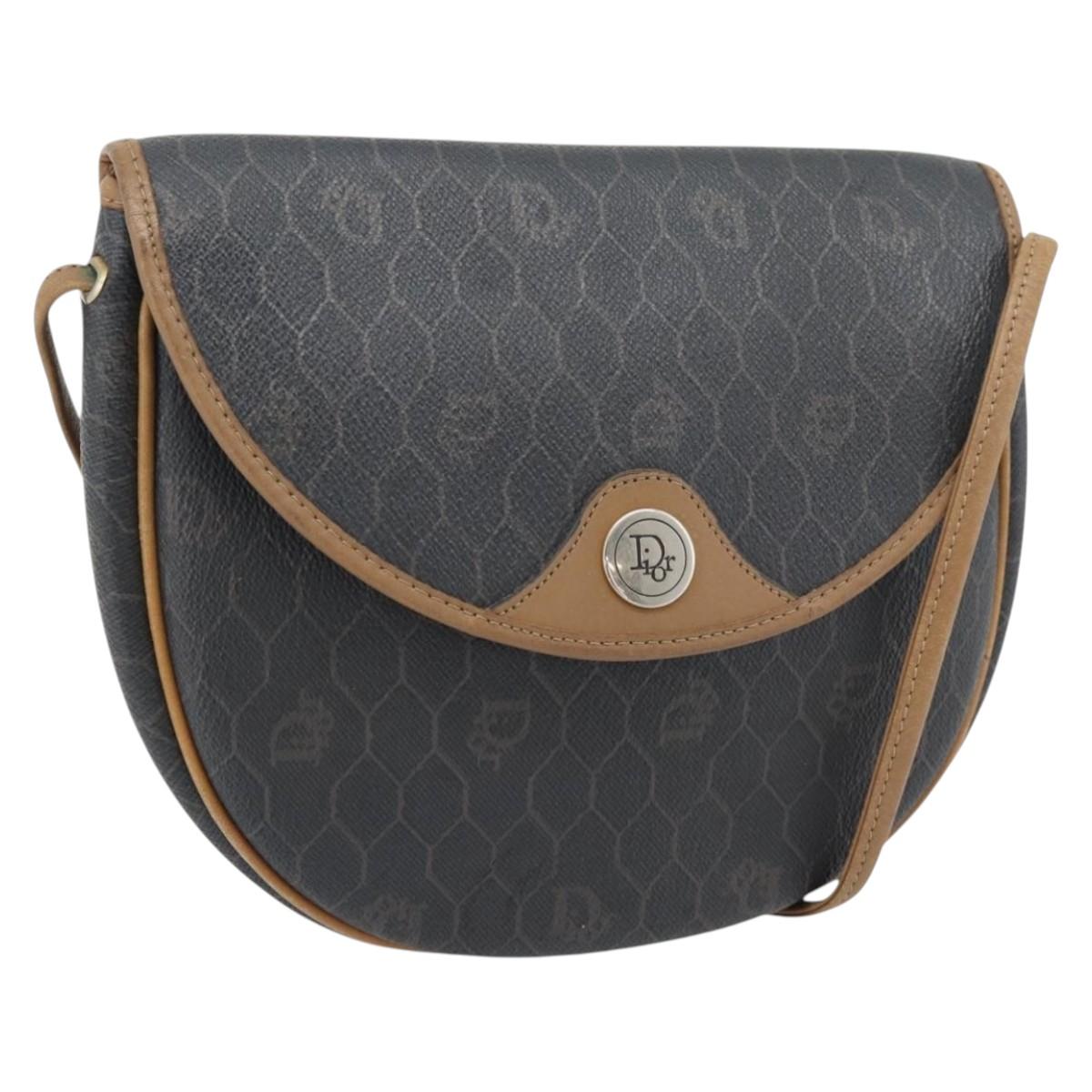 Christian Dior Honeycomb Canvas Shoulder Bag PVC Black Gold Auth 182462