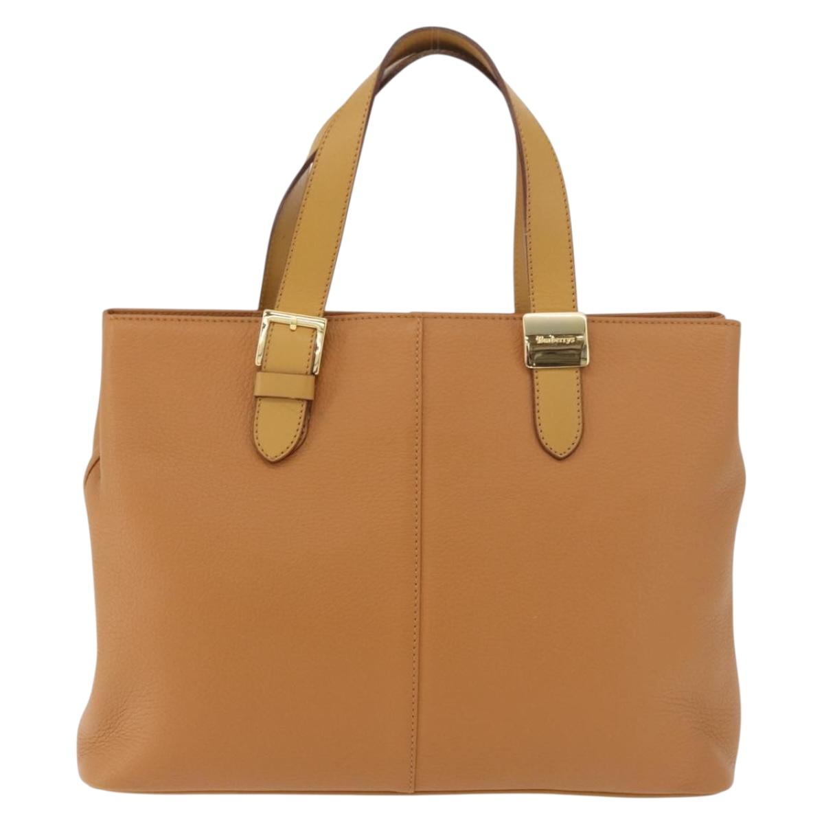 Burberrys Hand Bag Leather Brown Gold Auth 182467