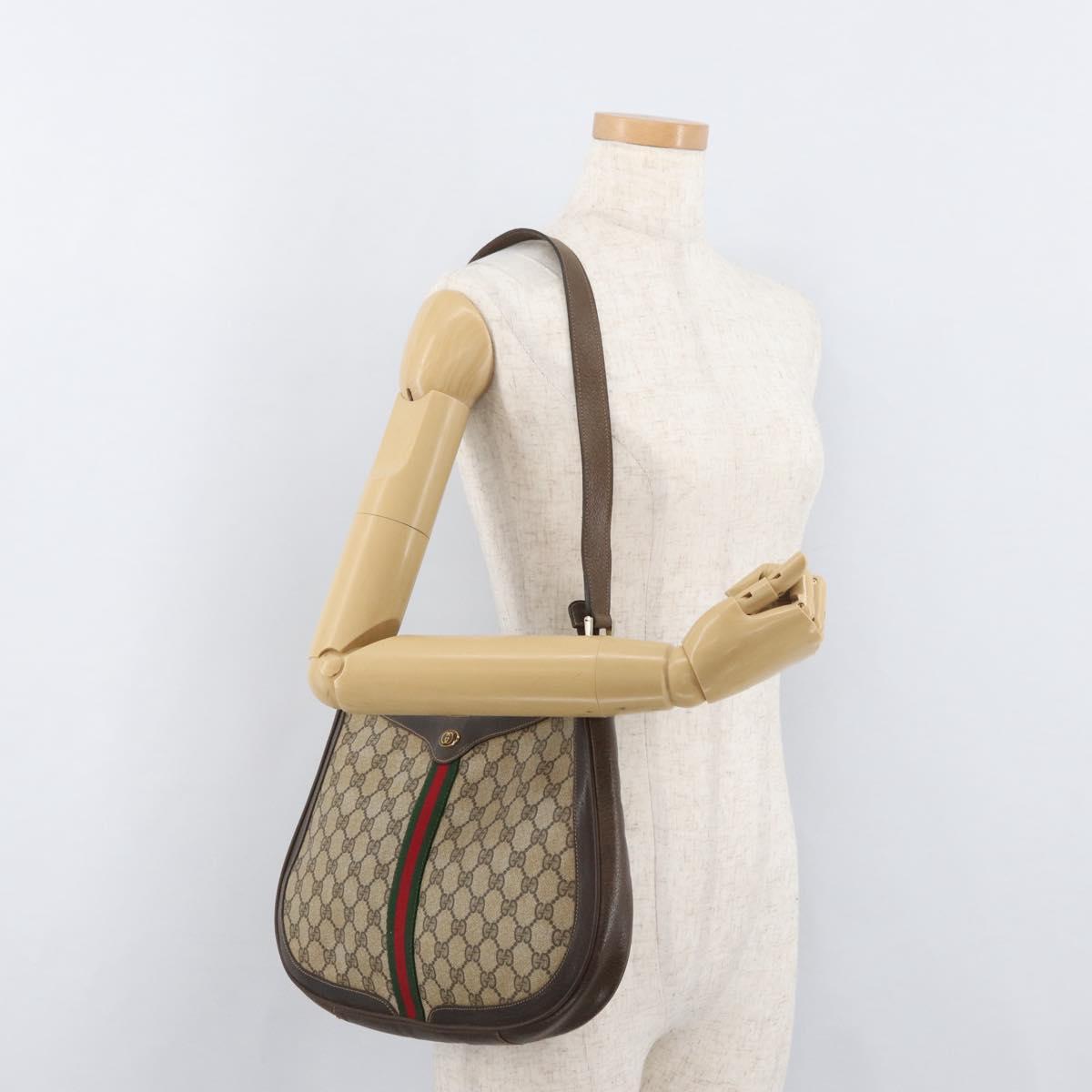 GUCCI GG Supreme Web Sherry Line Shoulder Bag PVC Beige Gold Auth 182476