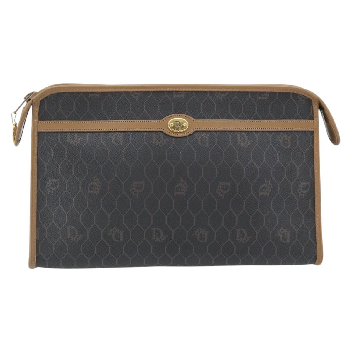Christian Dior Honeycomb Canvas Clutch Bag PVC Black Gold Auth 182487