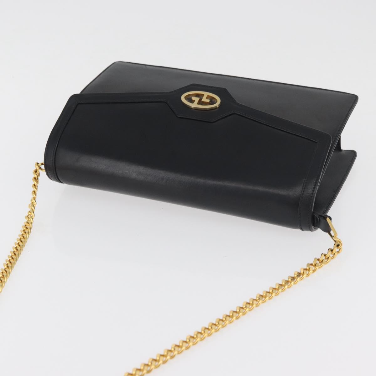GUCCI Chain Shoulder Bag Leather Black Gold Auth 182515