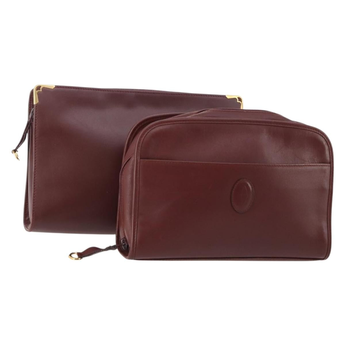 CARTIER Must Line Clutch Bag Leather 2 Set Bordeaux Gold Auth 182520