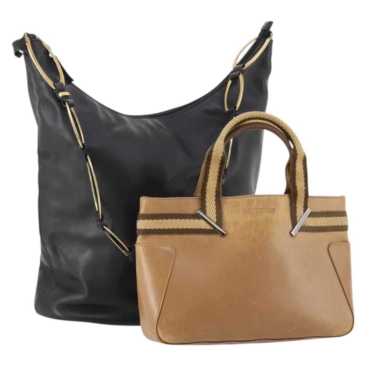 GUCCI Sherry Line Shoulder Bag Leather 2 Set Black Beige Auth 182522