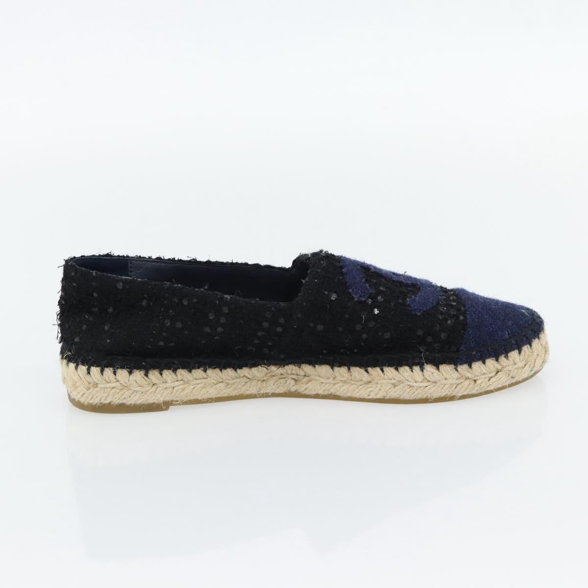 CHANEL Espadrilles Sandals Tweed Black CC Auth 182538M