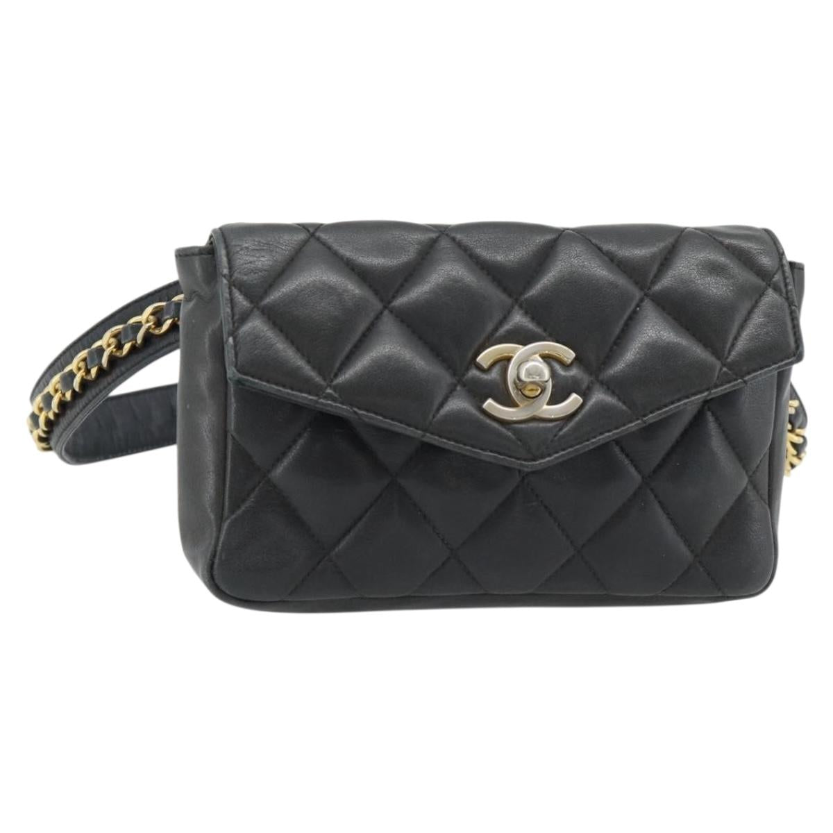 CHANEL Matelasse Chain Waist bag Lamb Skin Black Gold CC Auth 182541