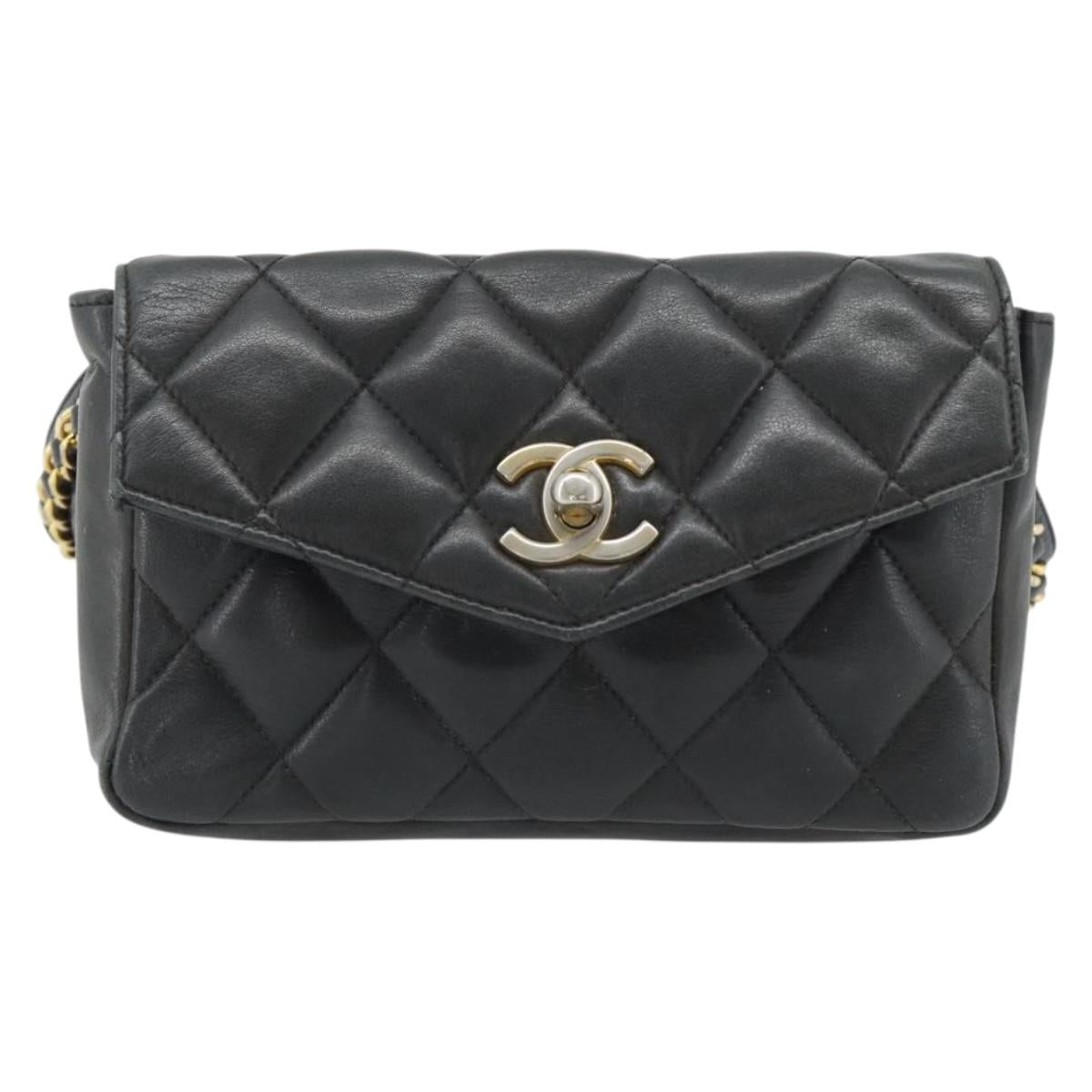 CHANEL Matelasse Chain Waist bag Lamb Skin Black Gold CC Auth 182541