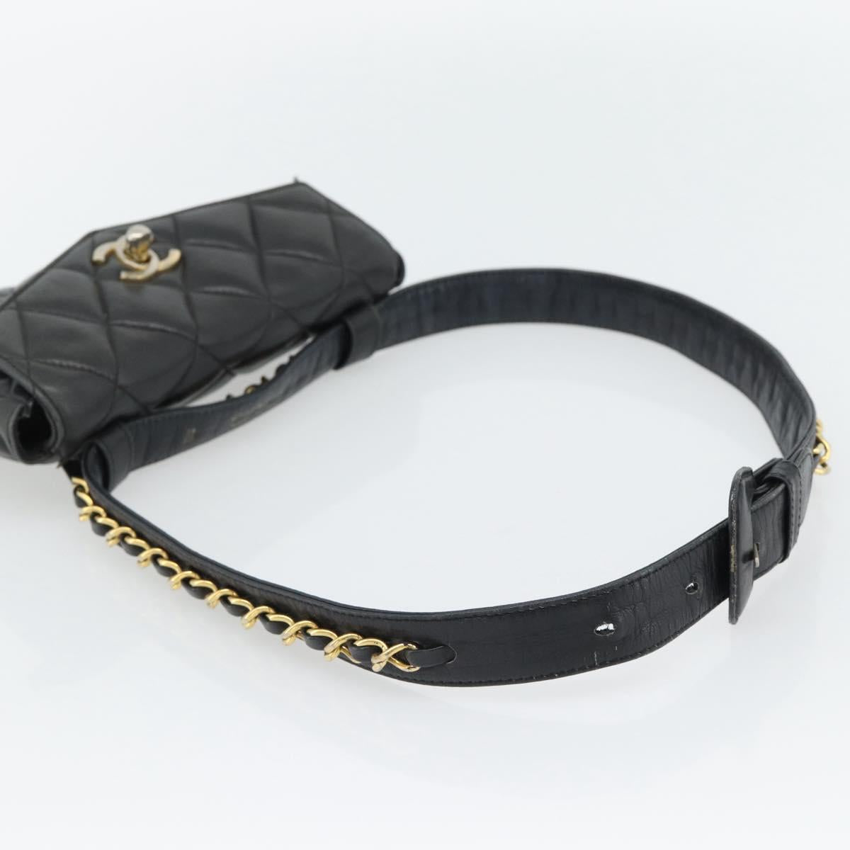 CHANEL Matelasse Chain Waist bag Lamb Skin Black Gold CC Auth 182541
