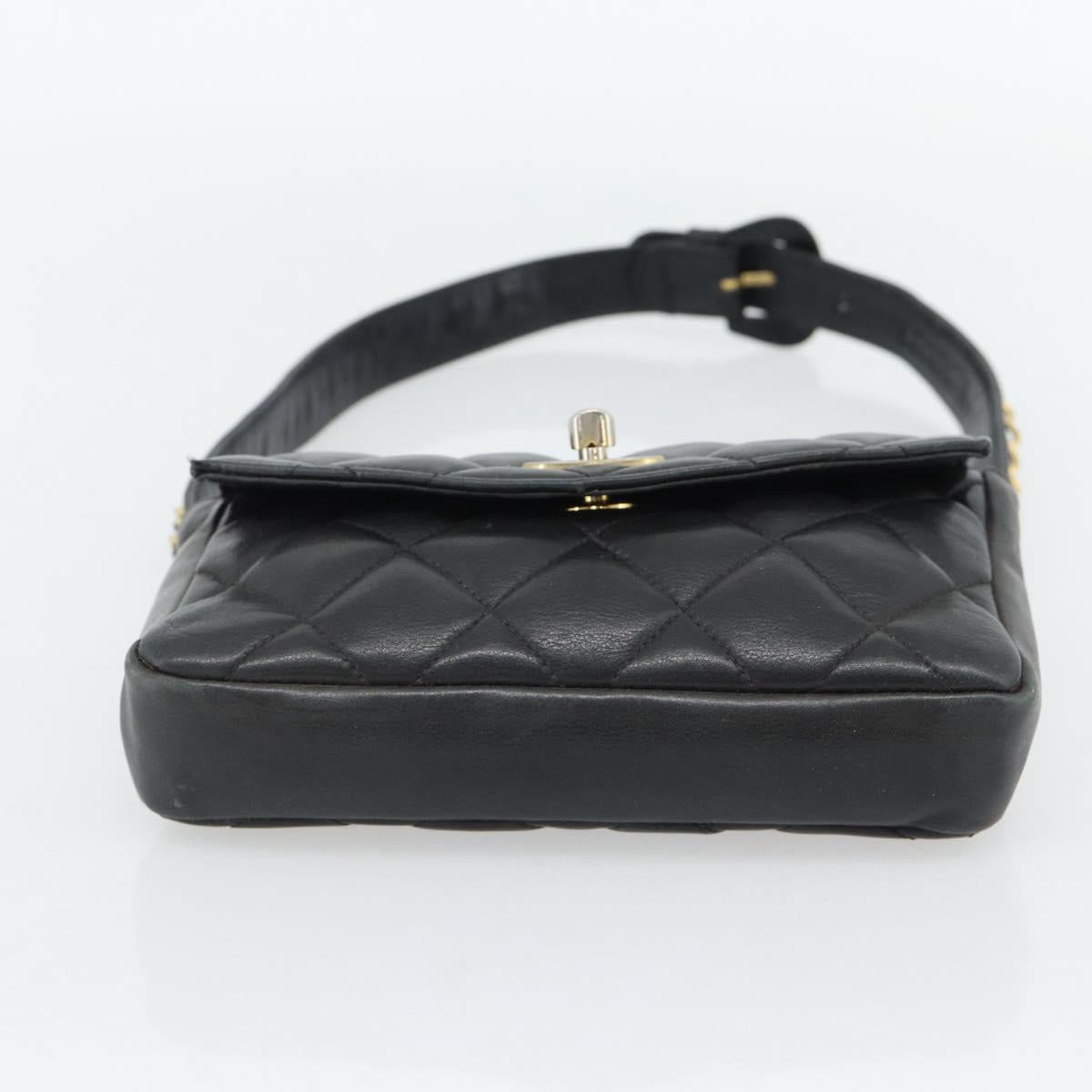 CHANEL Matelasse Chain Waist bag Lamb Skin Black Gold CC Auth 182541
