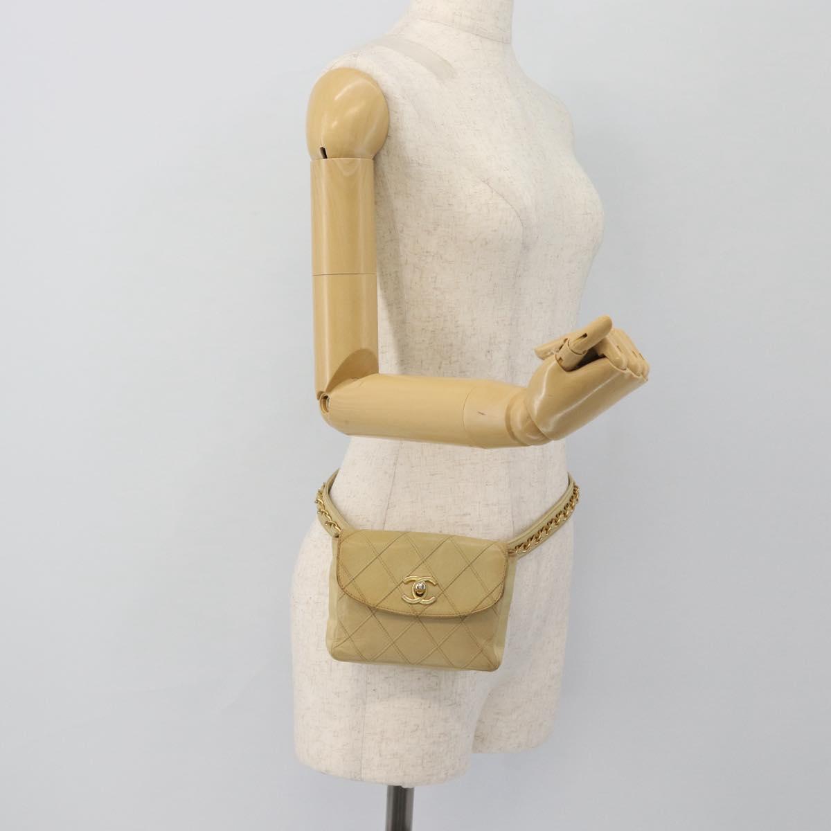 CHANEL Bicolore Waist bag Lamb Skin Beige Gold CC Auth 182545