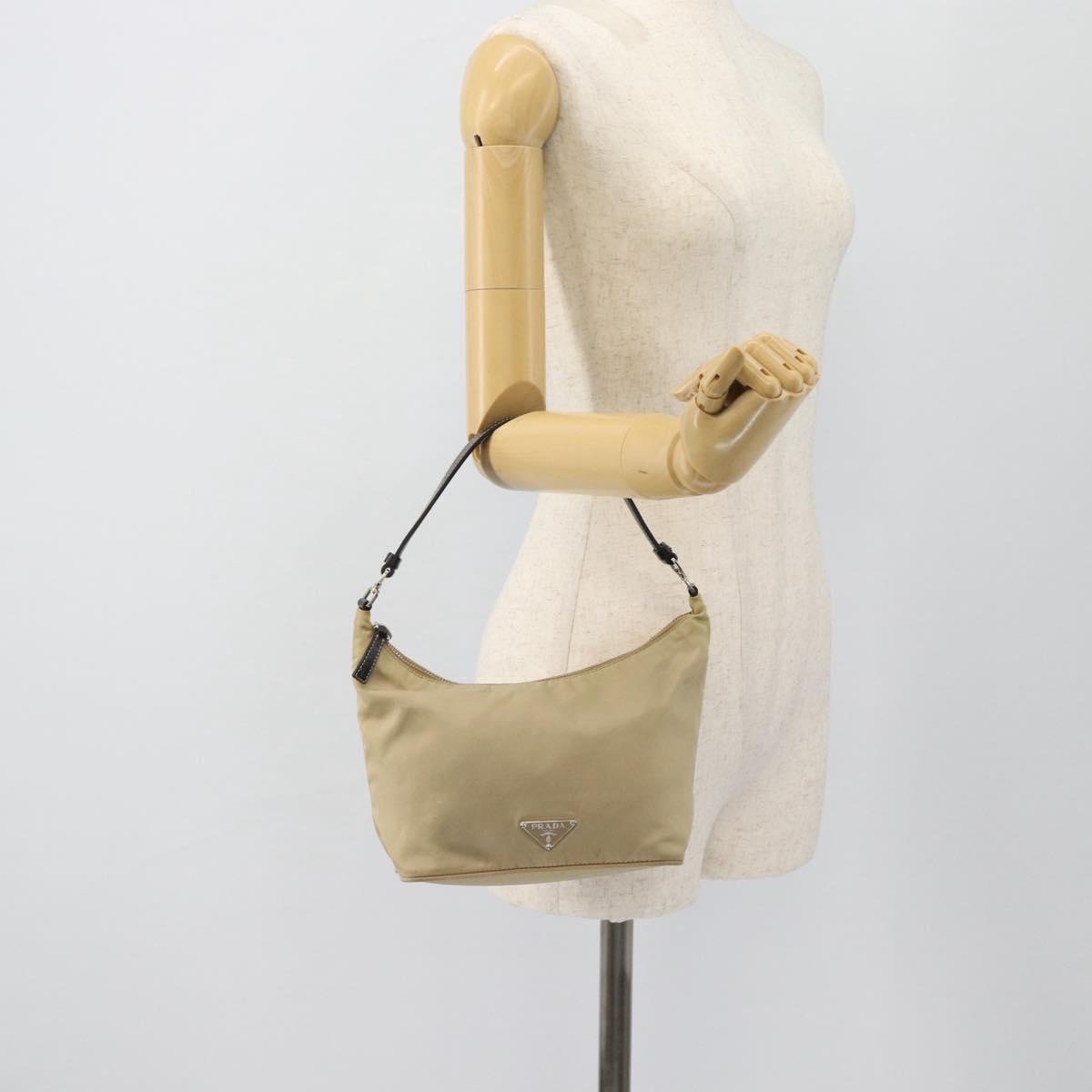 PRADA Shoulder Bag Nylon Beige Silver Auth 182546A