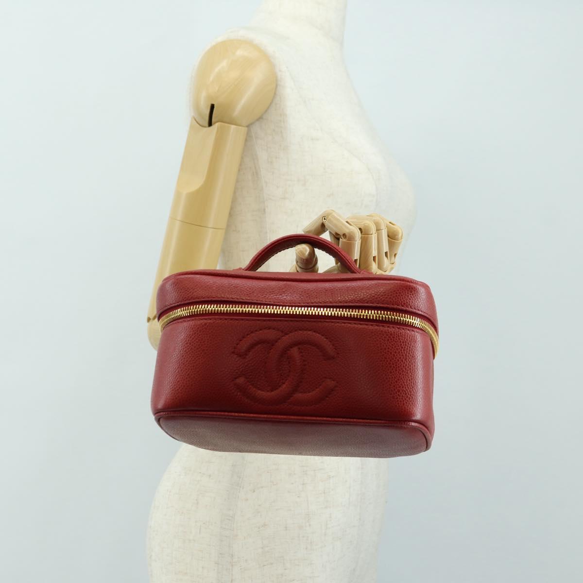 CHANEL COCO Mark Vanity Hand Bag Caviar Skin Red Gold CC Auth 182576V