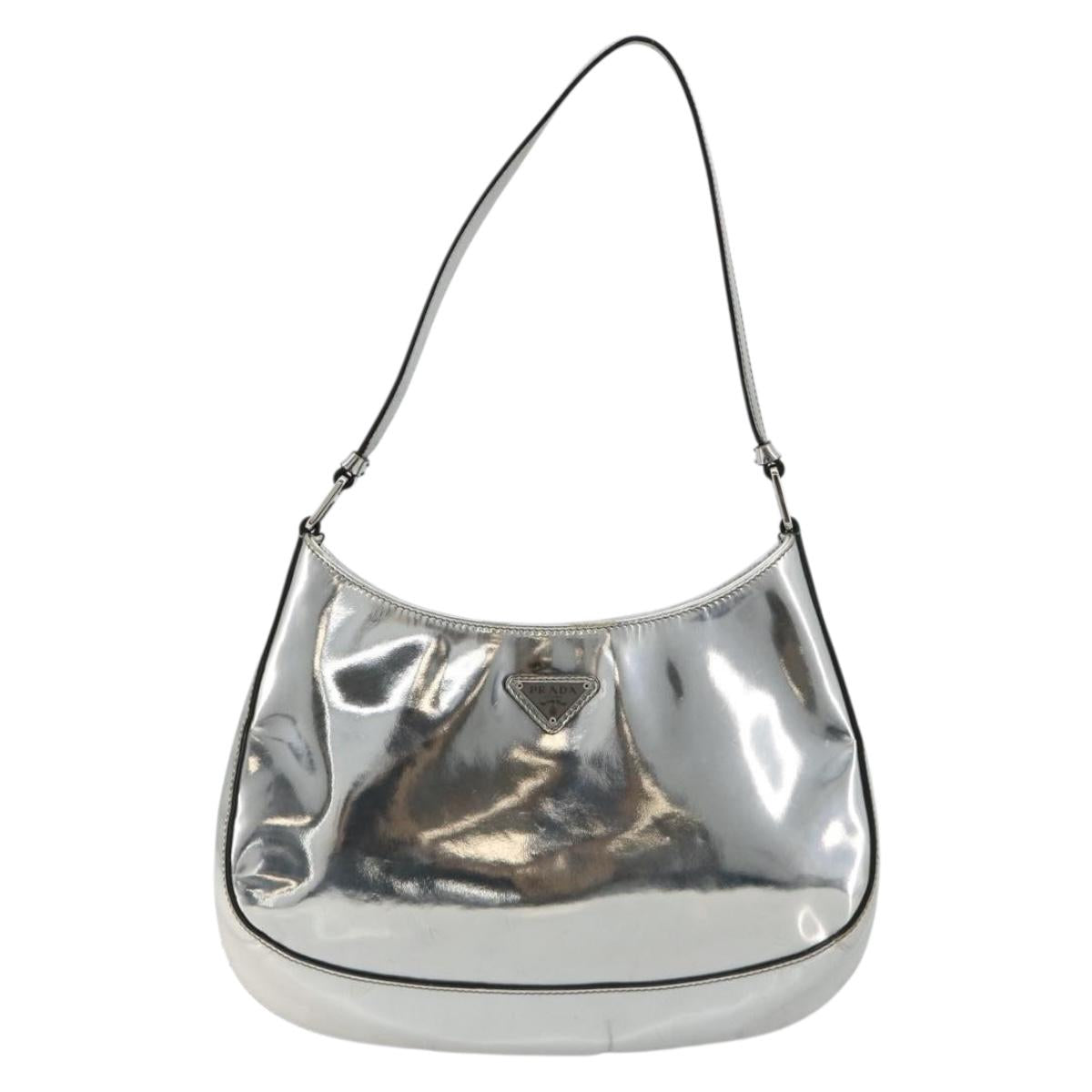 PRADA Creo Shoulder Bag Patent Leather Silver Auth 182584A