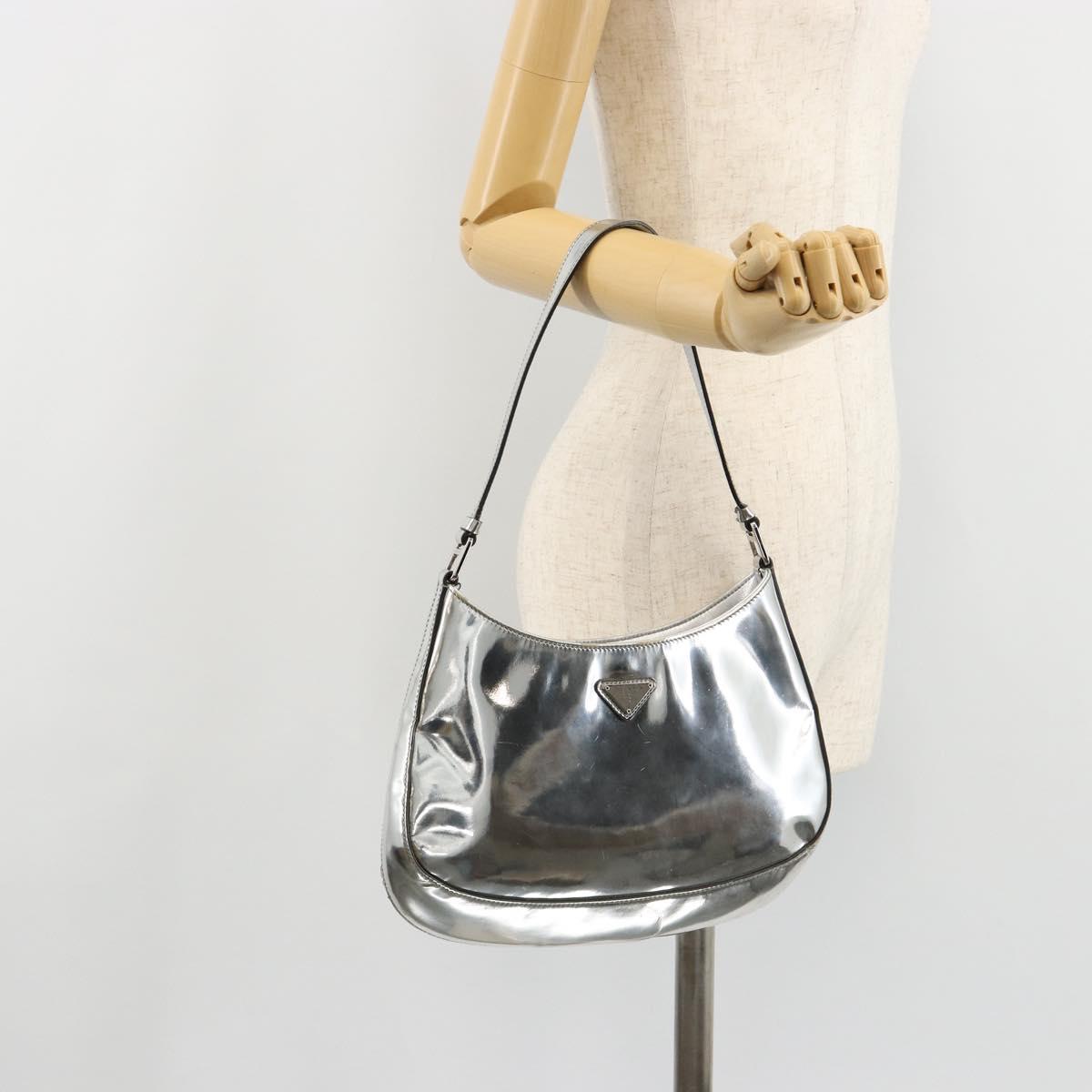 PRADA Creo Shoulder Bag Patent Leather Silver Auth 182584A