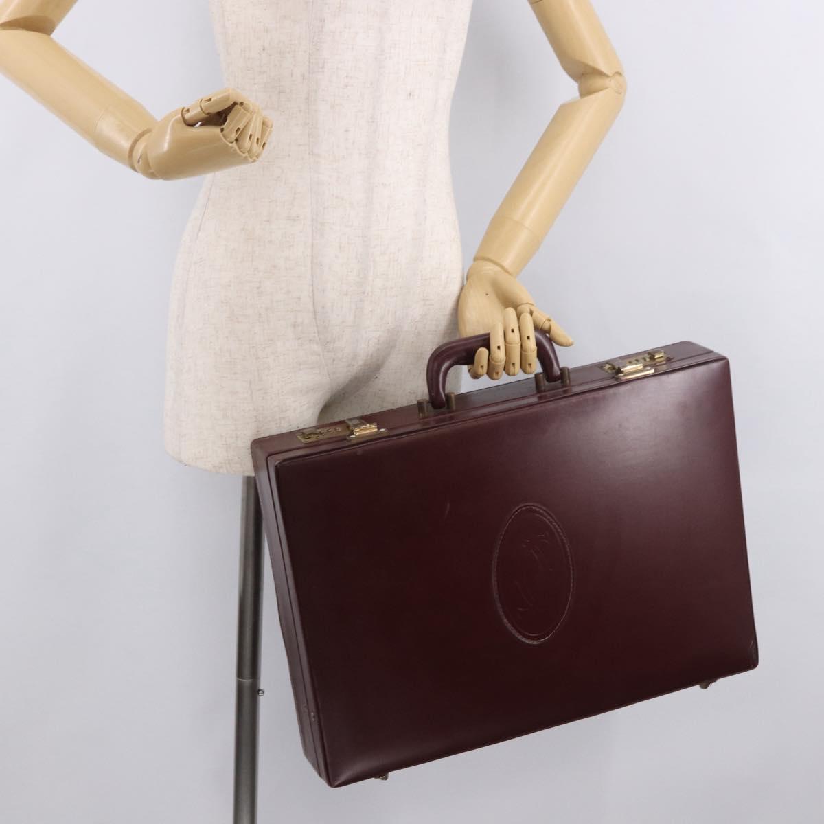 CARTIER Must Line Business Bag Leather Bordeaux Gold Auth 182600