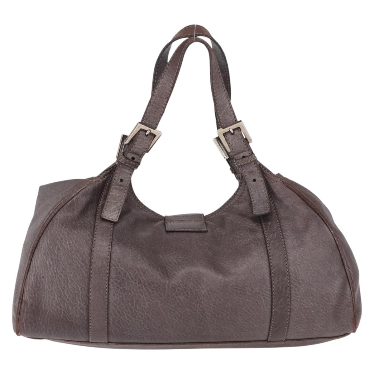 FENDI Mamma Baguette Hand Bag Leather Brown Silver Auth 182613A