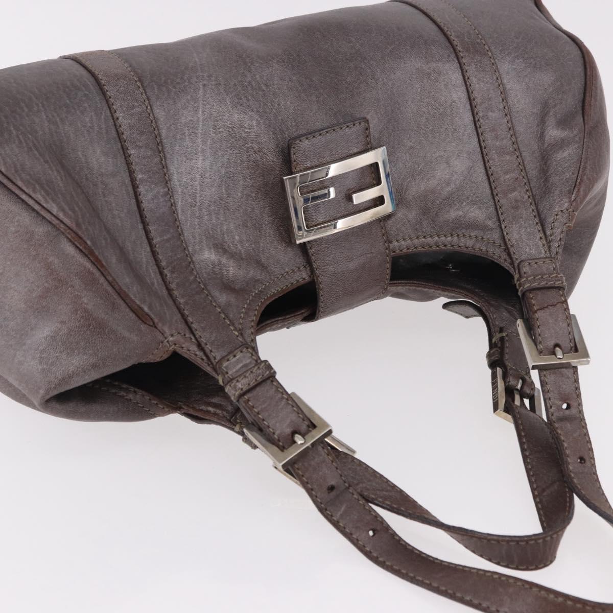 FENDI Mamma Baguette Hand Bag Leather Brown Silver Auth 182613A