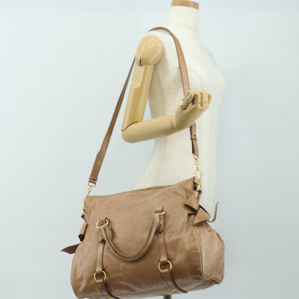 Miu Miu Hand Bag Leather 2way Beige Gold Auth 182623SAM