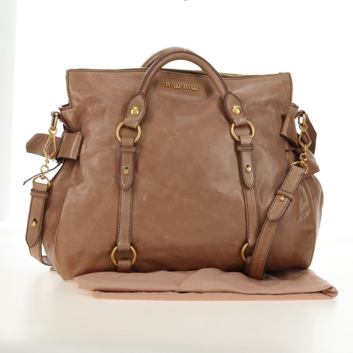 Miu Miu Hand Bag Leather 2way Beige Gold Auth 182623SAM