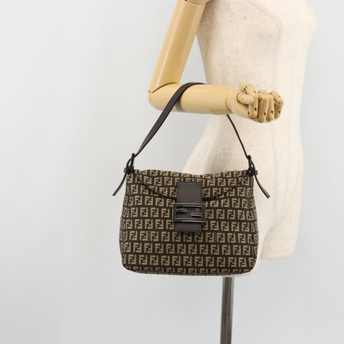 FENDI Zucchino Canvas Mamma Baguette Shoulder Bag Silver Brown Auth 182652SAM